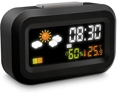 Metronic 477340 - Sveglia digitale da viaggio a batterie, display LCD retroilluminato a colori, orologio 12/24 ore, Snooze, calendario, meteo, temperatura, umidità
