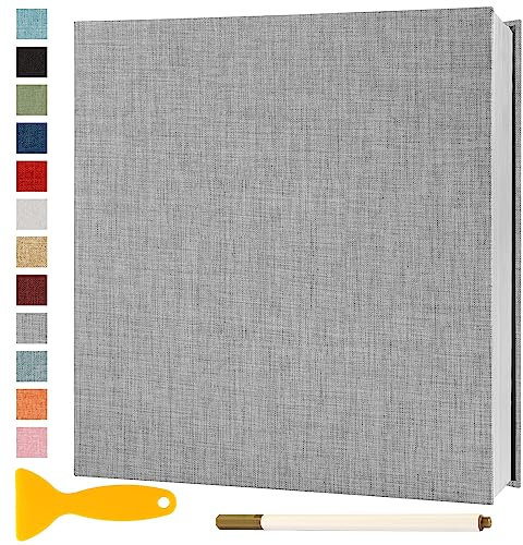 Album Fotografico Autoadesivo 28x27 CM in Lino Album Portafoto Personalizzabile Scrapbook Photo Album Fotolibro Ricordi Nascita Matrimonio Journal Travel Guest Book, 40 Pagine Grigio
