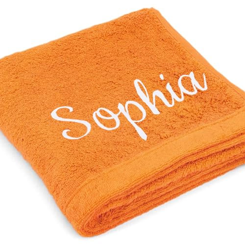 Cawö Premium Handtuch mit Namen oder Wunschtext Bestickt, personalisiertes Duschtuch, individuelles Duschtuch, 100% Baumwolle, 70 x 140 cm Orange