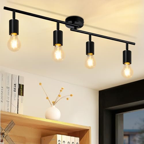 CBJKTX Deckenleuchte Schwarz Deckenstrahler 4 Flammig - E27 Flur Deckenspot Vintage Deckenlampe Schwenkbar 350° Spots Industrial küchenlampe für Küche Wohnzimmer Schlafzimmer (ohne Leuchtmittel)