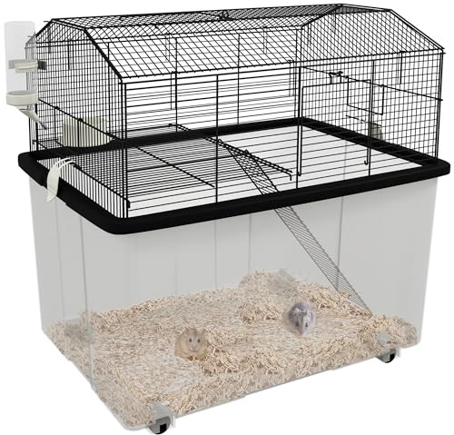 PawHut Cage Hamster, Cage Rongeur, 2 étages, avec roulettes, Plate-Forme et échelle, pour Hamster, en Fil d'acier, 57 x 43 x 57 cm, Noir