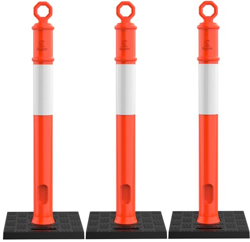 RoadHero 45 Inch Delineator Post with Base, Portable Orange Traffic Delineator Posts Cones with Reflective Collars for Parking Lots, Road Safety, Construction Events 3 Pack