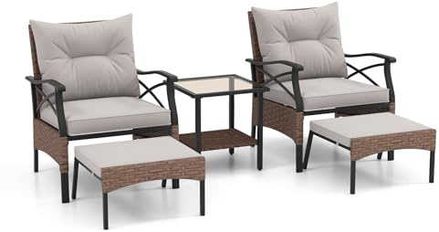 LIFEZEAL 5 Pcs Ensemble Salon de Jardin Extérieur en Rotin PE avec Ottoman, Set Mobilier de Terrasse avec Coussin & Table d'appoint, Set Meubles pour Balcon, Patio, Piscine, Charge 180 kg (Gris clair)