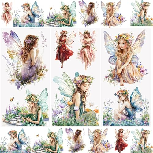 WANDIC 3 Sheets Fairy Theme Scrapbook Stickers Elf Furniture Stickers Sprite Art Window Decals Rub on Transfers for Crafts,15 * 30cm
