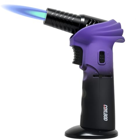 Butane Torch Lighter, 0-90°Rotating Angle Butane Lighter, Refillable Kitchen Torch with Safety Lock, Adjustable Flame for Soldering (Purple and Black)