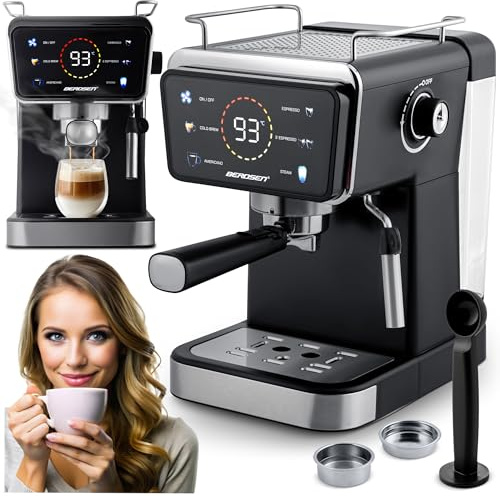 Berdsen Kaffeemaschine - Espressomaschine Siebträgermaschine - 1,5 L 20 Bar - Milchaufschäumer - 2 Filter - Cool Espresso - Schwarz