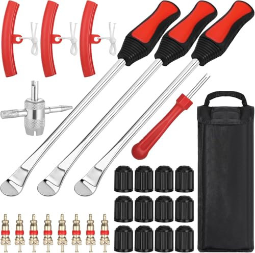 29 Pezzi Leva A Cucchiaio in Acciaio Kit, Leva di Montaggio per Pneumatici, Smontagomme Moto con 3 Protezioni per Cerchi, 10 coperchi valvole, per Pneumatici di Moto, Bici, Automobili