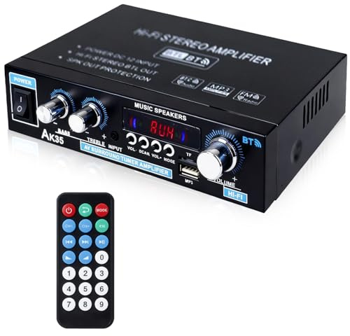 AK35 Amplificador HiFi Bluetooth 5.0 2.0 canales 30W x 2 Amplificador Estéreo HiFi Digital Etapa de Potencia Amplificador de Potencia Mini Radio Audio Amplificador Receptor con Radio FM, Mando a