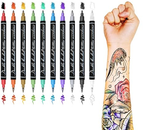 Pennarelli per tatuaggi temporanei sulla pelle in 10 colori, pennarelli per tatuaggi per il corpo a doppia punta per pittura per il corpo, kit per pittura del viso all'henné di grad per bambini