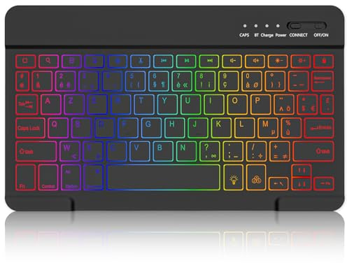 MMK Clavier Bluetooth, Layout AZERTY, Touches Silencieuses, Mini Clavier sans Fil Rétroéclairé Rechargeable pour iPad 10e Génération/iPad Pro/Air/Mini/10.2/9.7, iPhone, Android, Windows (Bleu)