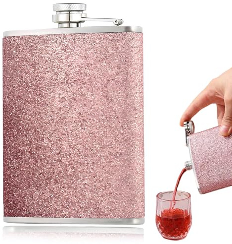 8 Oz Hip Flask, Pink Sparkling Hip Flasks for Women, Portable Stainless Steel Hip Flask, Luxury Pocket Flask Alcohol Flask, Hip Flasks for Men for Drinking Hiking Barbecue Camping Bar Birthday Party
