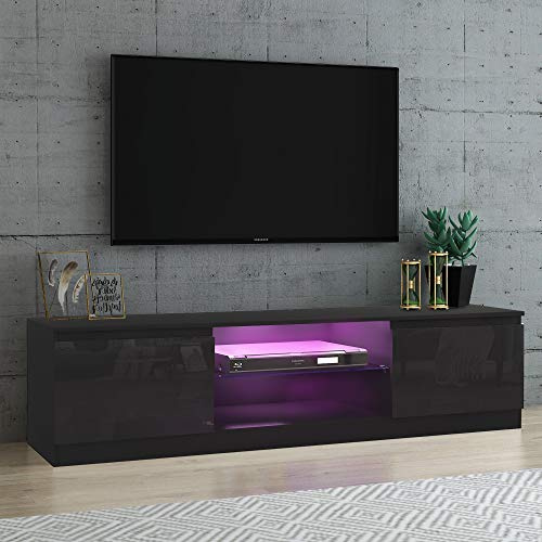 Panana 160CM Two Door Sideboard TV Cabinets TV Stand Glass Shelf RGB LED Lighted (Black)