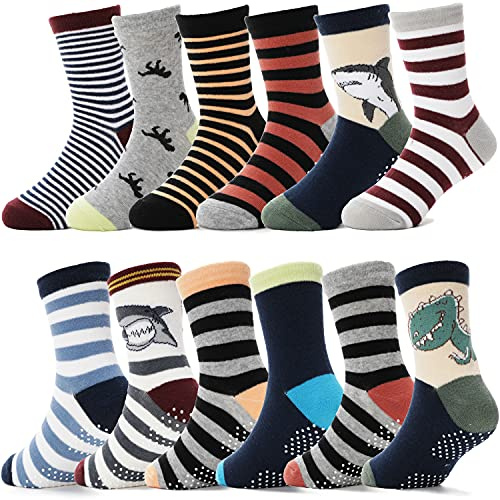 ANTSANG Chaussette Bebe Garçons Chaussette en Coton Antidérapantes Cadeau pour Enfants Nourrissons 12 paires (marron rayé (12 paires), 26-28)