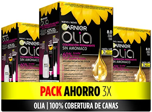 Garnier Olia - Pack de 3 coloración permanente sin amoniaco para un olor agradable con aceites florales de origen natural, tono 8.0 rubio claro