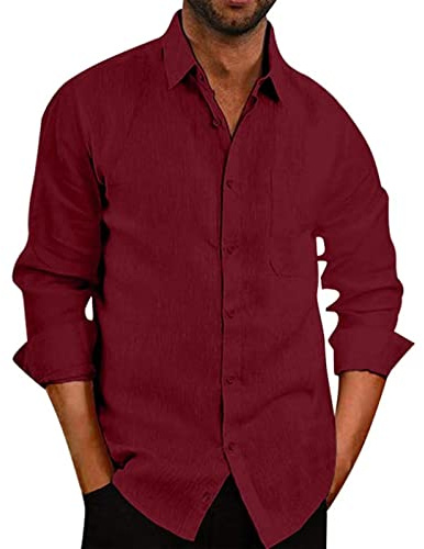 Camisas De Lino De Color Sólido para Hombres Camisas De Bolsillo De Manga Larga con Solapa Simple De Moda Camisas Sueltas De Talla Grande Vino Tinto L