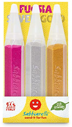 Sabbiarelli Sand-it For Fun - Trio Elegance med 3 Påfyllningsbara Pennor à 50 g Naturlig Marmorsand i Fuchsia, Silver och Guld, Giftfri och Säker, Sand Art, Kreativa Aktiviteter, Pyssel för Barn 3+