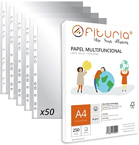 Ofituria - Fundas Plástico A4 Transparente Multitaladro + Paquete de Folios A4 Multiusos 80gr (50 Fundas + 250 Hojas)