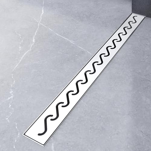 AICA Duschrinne Edelstahl 90 cm, Bodenablauf Komplettset extra flach, Ablaufrinne Siphon mit Geruchsstop und Haarsieb - Kurze Wellen (90 cm)