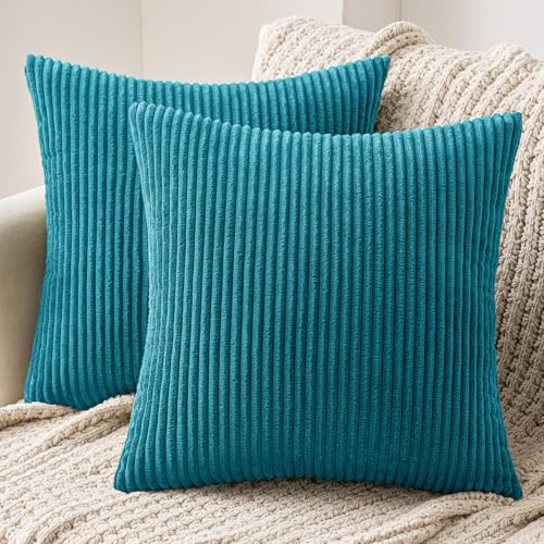 MIULEE Set of 2 Striped Corduroy Square Throw Pillow Case Soft Cushion Cover Sham Home for Sofa Chair Couch/Bedroom Decorative Fluffy Large Pillowcases 18x18 Inch 45x45cm Lake Blue