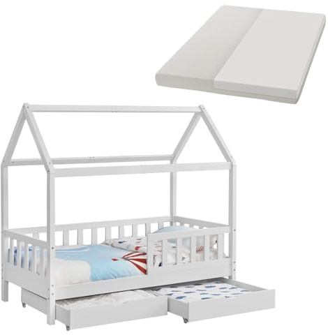 Juskys® Kinderbett Marli 90 x 200 cm mit Matratze, Bettkasten, Rausfallschutz, Lattenrost & Dach - Massivholz Hausbett für Kinder - Bett in Weiß
