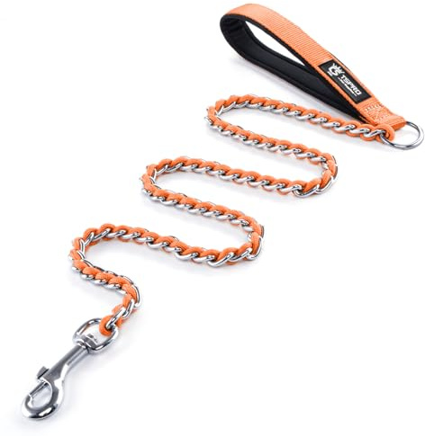TSPRO Guinzaglio per cani a Prova di Masticazione, in Acciaio Inossidabile, Guinzaglio per Addestramento per Cani con Manico Morbido, per Cani di Taglia Media e Grande (3MM, 110cm, Arancione)