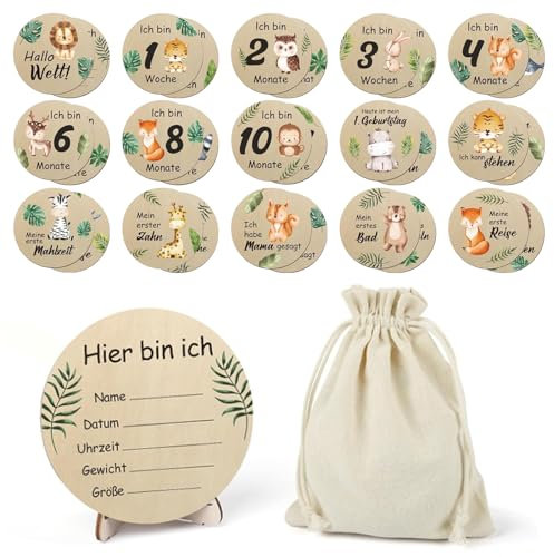 Holz Meilensteinkarten Baby,15 Meilensteine auf edlen Holzscheiben, Meilensteinkarten Schwangerschaft, Meilensteinkarten Baby Holz mit farbigen Tierchen bedruckt,Geschenkideen für werdende Mütter
