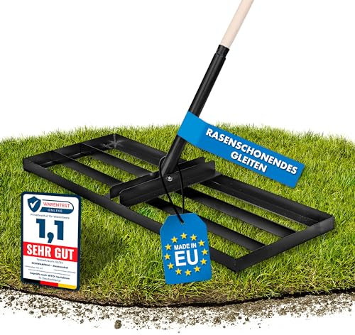 Schwanfeld® [80 x 30 cm] Raclette à gazon [Durable et robuste] – Avec manche en bois de 1,1 m en bois certifié FSC® – Râteau à gazon en métal allié – Raclette pour un entretien parfait de la pelouse