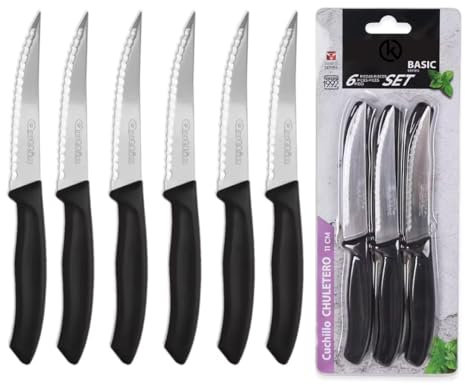 KROWN - Set de 6 Cuchillos, Pack de 6 Cuchillos Bistec Sierra de Uso Diario. Juego de 6 Cuchillos de Carne. Mango Negro Resistente y Duradero. Cuchillo Apto para Mesa Carne, Chuleteros, Cocina.