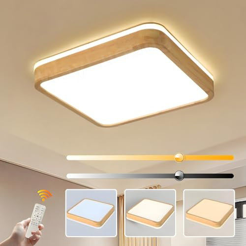 WayLuoung Holz LED Deckenleuchte | Ø40cm 3000-6000K 30W | Quadratische Oberseite, 360° Leuchtende Natürliche Holzlampe, Schlafzimmer Wohnzimmer Kinderzimmer Küche Esszimmer (Dimmbar Mit Fernbedienung)