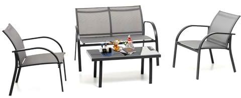 Avilia Set Salotto da Giardino in Metallo Nero-Grigio - Divano, 2 Poltrone e Tavolino con Top in Vetro Temperato, Design Elegante e Struttura Robusta, Perfetto per Esterni