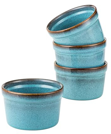 HENXFEN LEAD 4 Stück Soufflé Förmchen, 240mL Creme Brulee Schälchen Kleine Auflaufformen, Mini Auflaufformen für Leckere Würzfleisch, Ragout Fin, Pudding und Crème Brûlée, Reactive Blue