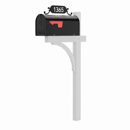 The Glenbrook Deluxe Mailbox and Post - Personalized Complete System with Custom Street Address Plate, Steel Mailbox, and Aluminum Post Included (Black with White Post)