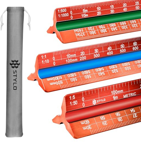 Arkitektvåg i aluminium – 30 cm linjal laseretsad triangel utarbetande linjal med färgkodade spår för ritning, utarbetande – arkitektonisk skallinjal (röd, metriska enheter)