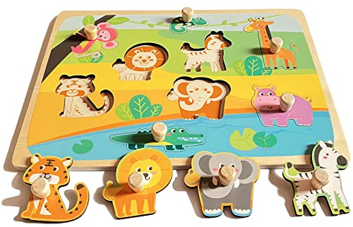 Funsland Puzzle Legno Bambini 1 2 Anno, Animale Puzzle di Animali con Maniglie, Montessori Giochi Bambino Educativi, Legno Giocattoli Bambini, Puzzle in Legno Bambina 2 3 4 Anni