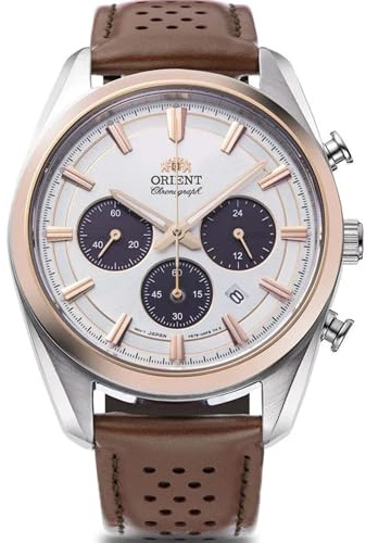 Orient Stretto Solar Chronograph 40mm White Dial Brown Leather Strap