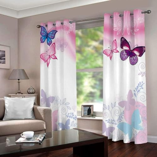 ZZTBQ Rosa Vorhang Ösen Gardinen Blickdicht Schlafzimmer Gardinen und Vorhänge Schmetterling Blickdicht Verdunklungsvorhänge mit Ösen Gardienen 2-Set 100x214 cm (BxH), 2er Set