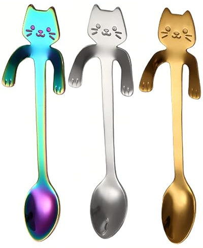 TPZORJX 3pcs Cucchiaino da Tè per Gatti, cucchiaini,in Acciaio Inox, da Appendere, Cucchiaini da Caffè, Cucchiaino da Caffè Gatto in Acciaio Inossidabile, Cucchiaini da Zucchero, Cucchiaio Dessert
