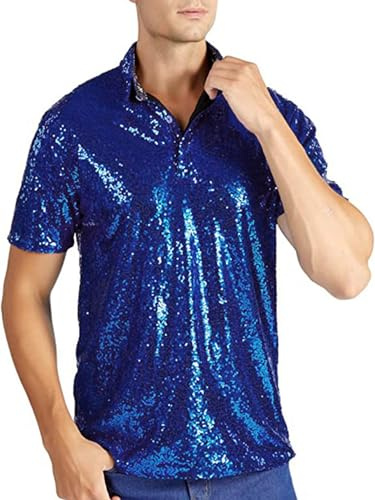 Felcia Herr Glitter Casual Vintage Toppar Kortärmad Nedfällbar Sparkle Sequins Skjorta 70-talet Disco Nattklubb Partykläder för män, A-marinblå, 3XL