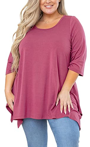 AusLook Plus Size Shirts for Women 3/4 Sleeve Christmas Purple Red 3X Blouses Crewneck Clothes Tunic Flowy Clothing Loose Fit Babydoll Summer Fall Winter Maternity Tops Wear with Leggings