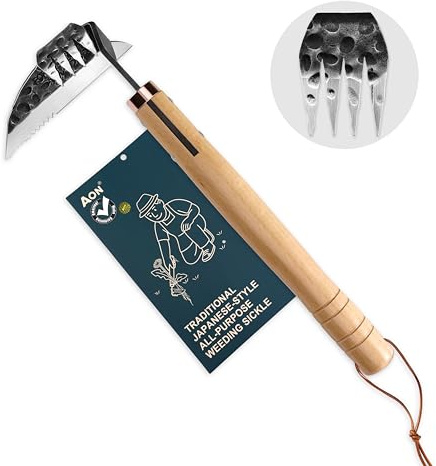 AON All-Purpose Japanese Weeding Sickle & Razor Hand Hoe, Forged Steel Weed Puller Tool with Sharp Edge & 4-Tine for Digging, Weeding, Uprooting in Vegetable Gardening, Backyard or Raised Garden Beds