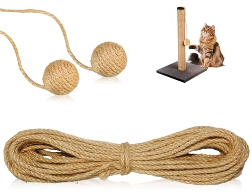 Jartfaui 49FT Sisal Rope for Cat Tree, 4mm Natural Jute Rope for Cat Scratching Post Replacement with 2 Sisal Cat Balls, Hemp Twine Rope for DIY Crafts & Gardening