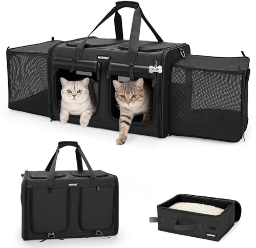 MIDOG 2 Cat Carrier with Litter Box, Expandable Dual Compartment Cat Carrier for 2 Cats, Large Soft Sided Double Pet Carrier for Car Travel, Moving