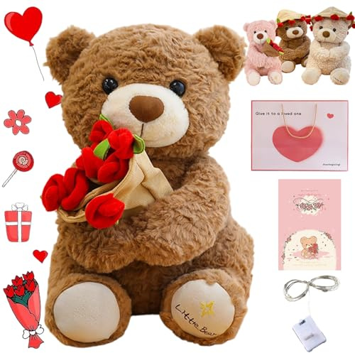 2026 New Cute Teddy Bear Plush Toy with Red Rose, Teddybär Mit Liebe, Kuscheltier Für Freundin Mit Einem Hübschen Blumenstrauß, Romantisches Kuscheltier Für Freundin Und Freunde (Braun,25cm)