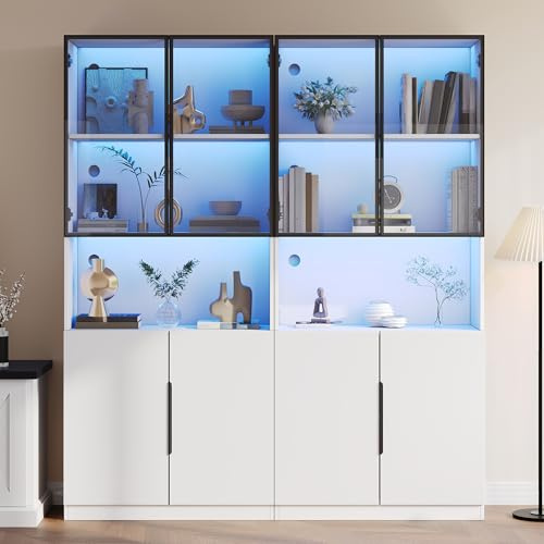 Vitrin 200 cm hög 2-delad smal med LED-belysning glasdörrar aluminiumram justerbara golv tippskydd stående vitrinskåp glasvitrinskåp samlarvitrinskåp vardagsrum modern vit