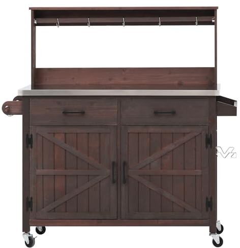 54.1 Outdoor Kitchen Island with High Shelf, Large Outdoor Potting Bench Table with Stainless Steel Top and Storage Cabinet, Solid Wood Grill Cart With Lockable Wheels for BBQ, Garden, Brown
