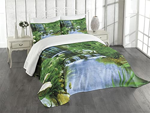 ABAKUHAUS Natur Tagesdecke Set, Wasserfall Rock Wald, Set mit Kissenbezügen Moderne Designs, für Doppelbetten 220 x 220 cm, Fern grün hellblau