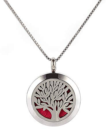 Árbol de la vida Colgante Aromaterapia Difusor de aceites esenciales Collar colgante de medallón de acero inoxidable 4 Almohadillas de fieltro