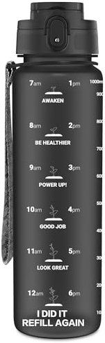OLDLEY 1L/32oz Sports Water Bottle, 1000ml Motivational Drinks Bottle with Time Markings Leak Proof Drink & Lock Cover & No Straw, BPA Free for Adults Women Men Gym School Cycling Running Hiking