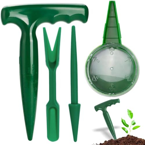 CJZZ Gartenpflanzwerkzeuge 4er-Set，Pflanzhilfe für Blumenzwiebeln，pikierstab，Pflanzlocher, Seed Dispenser,Gartengeräte，Pflanzmaschine für Sämlinge，Zwiebelpflanzer-Werkzeug