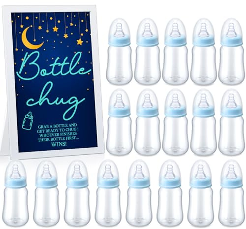 Roowest Bottle Chug Baby Shower Games Favors Including 18 Pcs Bottles with 1 Bottle Chug Wooden Sign for Gender Reveal Baby Shower Party Supplies(Blue,Moon Star)